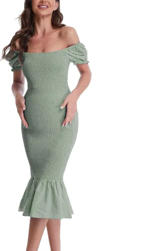 Vista 2 de Vestido de maternidad de verano a media pierna, manga corta abombada, cuello cuadrado, dobladillo con volantes, vestido de sirena para baby shower