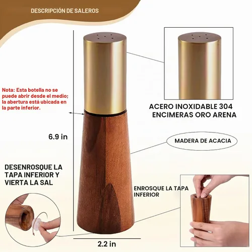 Vista 4 de Juego de molinillo de pimienta, salero, madera de acacia, molinillo de pimienta con base de 7.5 pulgadas