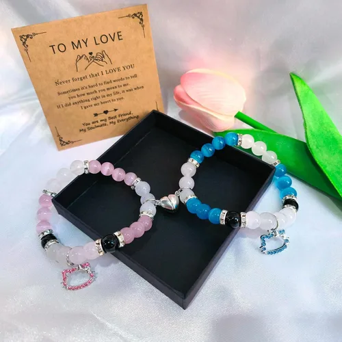 Vista 108 de 2 pulseras magnéticas para parejas, piedra natural negra mate, cristal para votos de amor eterno, juego de pulseras de cuentas de piedra de energía