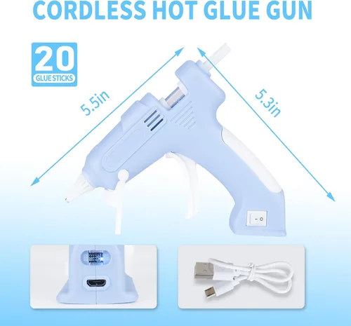 Vista 4 de Pistola de pegamento caliente inalámbrica, kit de pistola de pegamento de precalentamiento rápido recargable con 20 barras de pegamento blanco