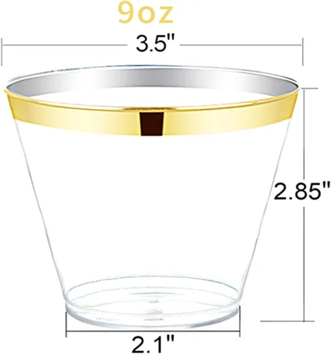 Vista 2 de Nervure 100 platos de plástico rosa malva con borde dorado y 240 vasos de plástico dorados