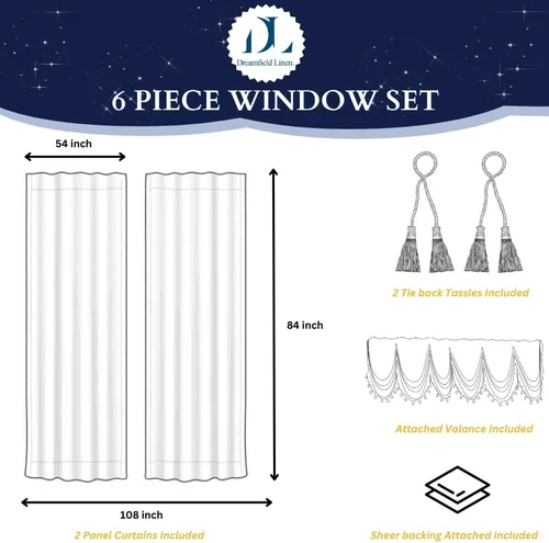 Vista 2 de Cortinas de Jacquard para Ventana de Sala de Estar y Dormitorio 54 Pulgadas de Ancho x 84 Pulgadas de Largo - Juego de 2 Paneles con Cenefa Adjunta