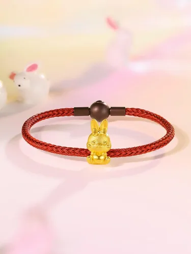 Vista 3 de ZHOU LIU FU Pulseras de oro real para mujer, pulsera de conejo de la suerte, joyería de oro de 24 quilates, pulsera roja, dije de oro sólido