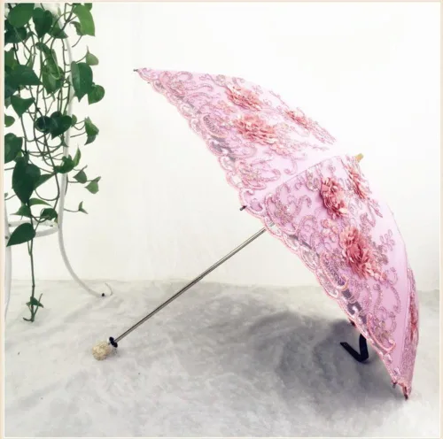 Vista 10 de Honeystore Sombrilla bordada con flor 3D plegable UV con encaje clásico
