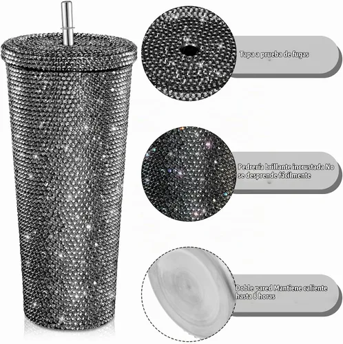 Vista 6 de Vaso térmico con diamantes de imitación con tapa, reutilizable, aislado, de acero inoxidable de alta calidad, botella de agua estética de primera