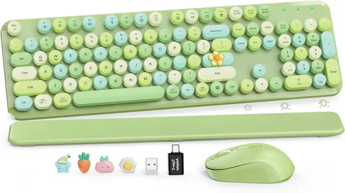 Vista 28 de Combo de teclado y mouse inalámbricos, teclado retro con teclas redondas, teclado estilo máquina de escribir de tamaño completo con reposamuñecas