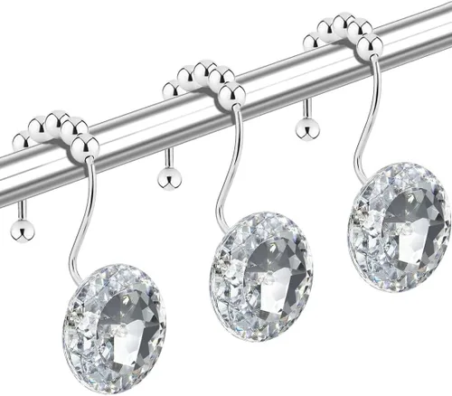Vista 9 de Ganchos de cortina de ducha de cristal negro con diamantes para baño, 12 unidades, anillos de acero inoxidable plateados a prueba de óxido, colgador