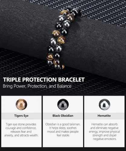 Vista 5 de Yowivon Triple Protection BraceletBlack Obsidian Tiger Eye Healing Crystal Bracelet for Men WomenBeaded Bracelets Jewelry Bring Luck Happiness Gifts