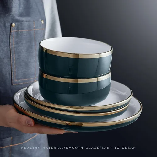 Vista 9 de Pokini Juego de vajilla de porcelana, juego de 12 platos y cuencos de porcelana de lujo, juego de platos verdes con borde dorado para boda