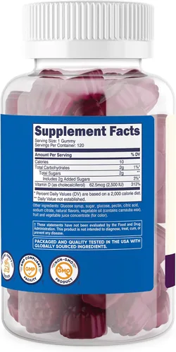 Vista 5 de Nutricost Gomitas de vitamina D3 para niños, 2,500 UI (62.5 mcg), 120 gomitas - Sabor a bayas mixtas