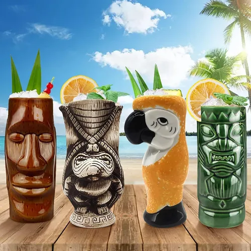 Vista 5 de LINALL Juego de 4 tazas de cóctel Tiki – Tazas de cóctel hawaianas de cerámica grandes, vasos de cóctel exóticos, Tiki Bar Profesional Hawaiano