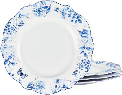 Vista 7 de fanquare - Juego de 4 vajilla de porcelana azul costera simple de 11 pulgadas Platos festoneados para comidas diarias, fiestas, banquetes, aptos