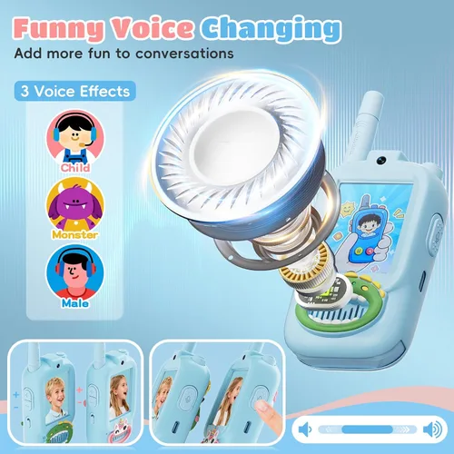 Vista 5 de Walkie Talkies de video para niños, paquete de 2 walkie talkies para niños con bonita cubierta de silicona, cambiador de voz, rango de 1000 pies