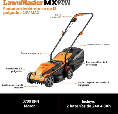 Vista 5 de [Usado] LawnMaster Cortacésped inalámbrico CLM2413A de 13 pulgadas, 24 V máx. con batería de 2 x 4.0 Ah y un cargador