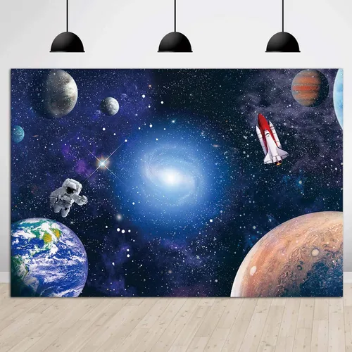 Vista 2 de CGXINS Fondo de fotografía del espacio exterior para bebés y niños, decoración de fiesta de cumpleaños temática de astronauta, universo, galaxia