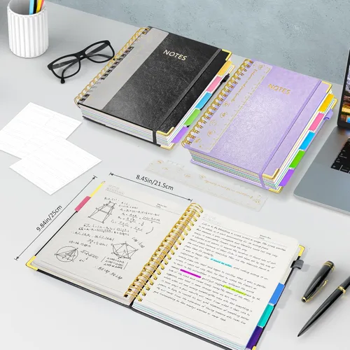 Vista 2 de Cuaderno de espiral con tapa dura, cuadernos B5 grandes de 8"x10", con divisores extraíbles y pestañas, 300 páginas, cuaderno de 5 asignaturas