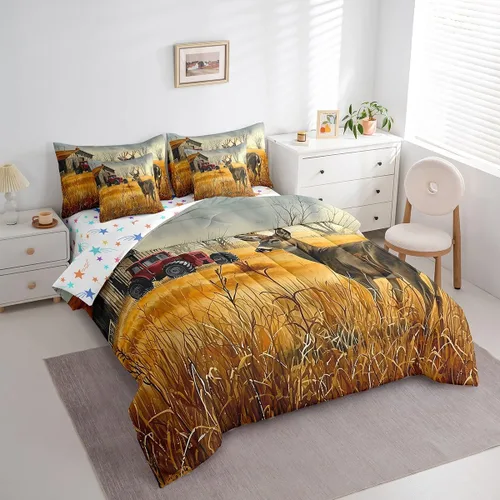 Vista 130 de Feelyou Juego de edredón de ciervo con sábanas – Tamaño Queen 7 piezas Juego de ropa de cama infantil de caza rústica – Cama de ciervo de cabaña