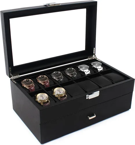Vista 2 de Caja organizadora de reloj para hombres, 24 ranuras lujosa y masculina caja de exhibición texturizada de fibra de carbono - Parte superior de vidrio