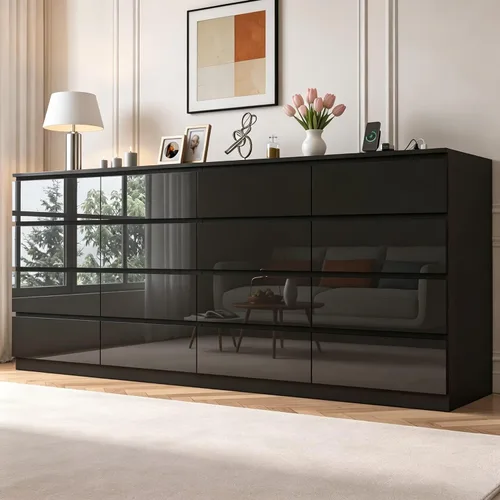 Vista 12 de Cómoda de 12 cajones con estación de carga, cómoda grande moderna con 12 cajones sin asas, cómoda de almacenamiento de madera para dormitorio, sala