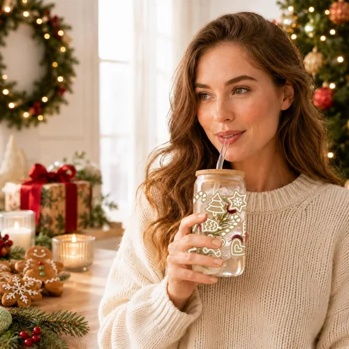 Vista 5 de JEKUGOT Vasos de Navidad para mujeres, vasos de vidrio de 16 onzas con tapa Estilo A