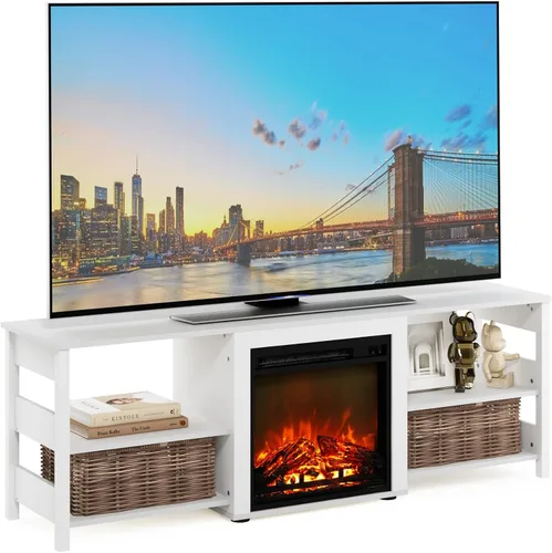 Vista 20 de Furinno Soporte clásico de TV de 70 pulgadas con chimenea, americano