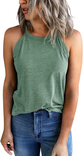 Vista 6 de Camiseta sin mangas para mujer, cuello alto, sin mangas, con espalda cruzada, estilo casual Verde militar