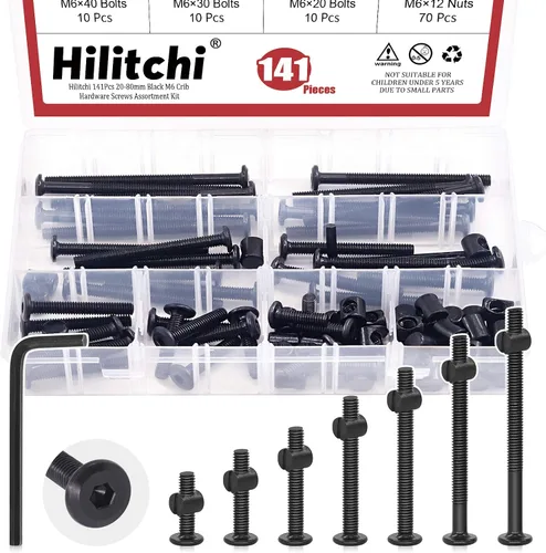 Vista 8 de Hilitchi M6 140 piezas de tornillos de cabeza hexagonal negra, tornillos, tuercas de barril, kit surtido de accesorios para cuna, cama de bebé