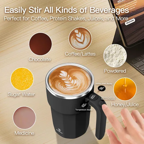 Vista 5 de Taza mezcladora eléctrica de 12 onzas, recargable, regalo para los amantes del café y uso en la oficina (negro)