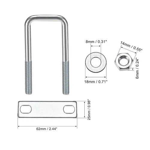Vista 44 de uxcell Pernos cuadrados en U de 1 "(25 mm) de ancho interior de acero al carbono M8 con tuercas, placa de marco, arandelas redondas, juego de 4