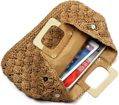 Vista 4 de Bolsa tejida de papel hecha a mano bolsa de playa de bambú para mujer
