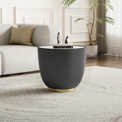 Vista 8 de Mesa auxiliar redonda moderna, mesa auxiliar de sofá de mármol sintético con base cubierta de cuero sintético en forma de cuenco, mesa auxiliar En