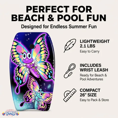 Vista 7 de PMU Bodyboard estampado con gráficos, correa de muñeca ligera, parte inferior lisa para playa, mar y piscina, tabla de surf para niños, adolescentes