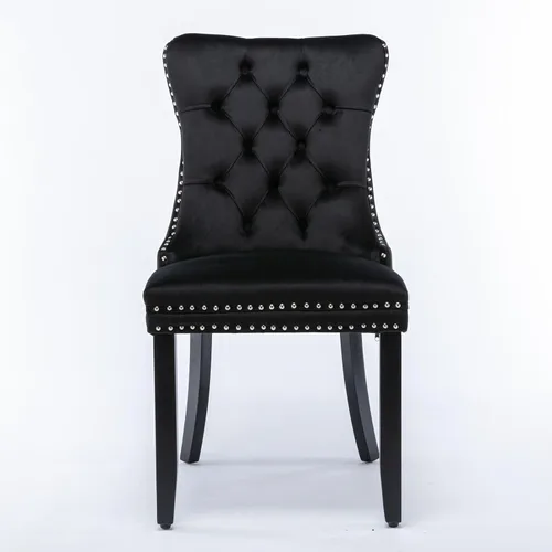 Vista 3 de Silla de comedor tapizada de terciopelo con respaldo copetudo y patas de madera, silla auxiliar moderna decoración de remaches, para comedor Negro