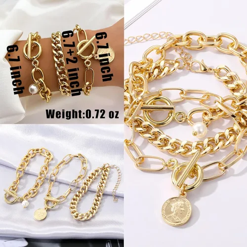 Vista 3 de IFKM 6 PACK (24 PCS) Boho Gold Chain Bracelets Set for Women Girls, 14K Gold Plated Multiple Layered Stackable Open Cuff Wrap Bangle Adjustable Link