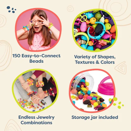Vista 4 de B. toys Pop Arty! 150 piezas - Kit de fabricación de joyas - Juego creativo de cuentas pop para niños - Kit de fabricación de joyas de bricolaje