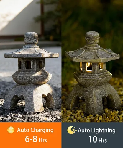 Vista 5 de Nacome - Estatua de lámpara de pagoda solar para jardín, decoración zen asiática para interiores y exteriores para paisaje, balcón, jardín, patio
