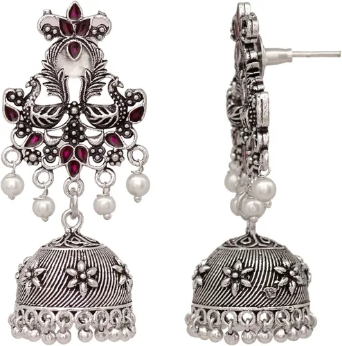 Vista 2 de Hawker indio mujeres oxidadas Jhumka pendientes Meenakari- plata