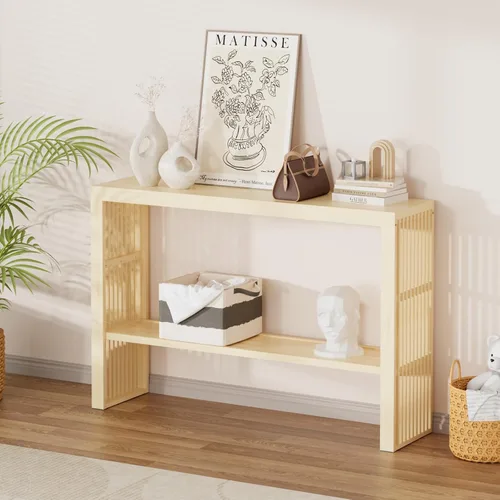 Vista 8 de Mesa consola estrecha de bambú de 47.2 pulgadas, mesa auxiliar de granja de 2 niveles, mesa de entrada rectangular, moderna mesa de sofá detrás