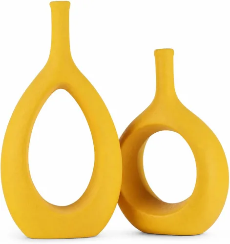 Vista 8 de Juego de 2 jarrones de cerámica de oro negro, moderno círculo hueco con agujero para decoración del hogar, centros de mesa, granja, chimenea, sala
