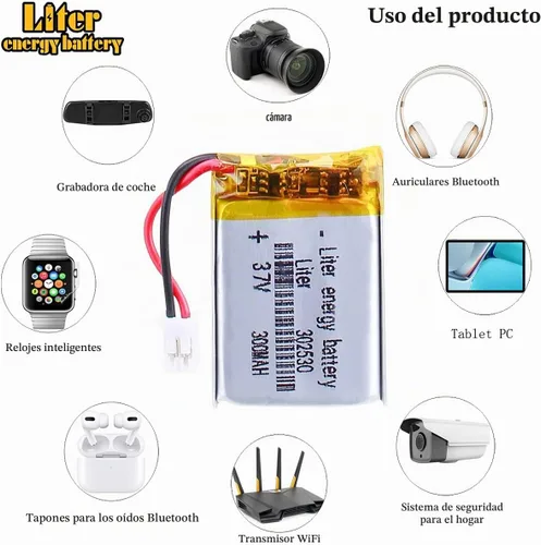 Vista 5 de Litro 3.7V 300mAh 302530 Lipo Batería recargable Batería de iones de polímero de litio con conector JST PH 0.079 in