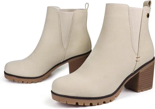 Vista 4 de JABASIC - Botines casuales de ante para mujer con tacón de bloque, botas de meter tipo Chelsea