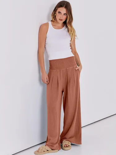 Vista 6 de Caracilia Pantalones palazzo de lino para mujer, estilo bohemio, pierna ancha, cintura alta, fruncidos, informales, con bolsillo