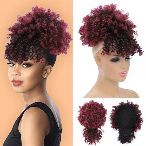 Vista 12 de Extensión de cola de caballo afro rizada Fayasu para mujeres negras, con cordón, cola de caballo con cabello rizado y flequillo, extensión
