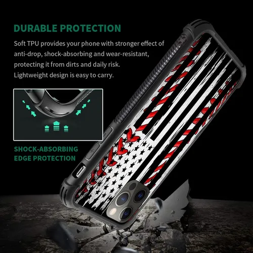 Vista 4 de Compatible con iPhone 12 Mini Funda, Bandera Americana de Béisbol TPU Suave Parachoques Resistente a Golpes Cubierta Trasera de Vidrio Templado