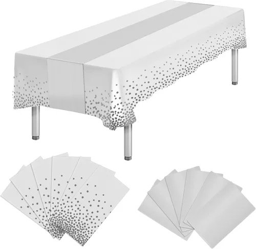 Vista 20 de Paquete de 12 manteles rectangulares de plástico negro desechables y satinados, mantel rectangular negro y dorado para cumpleaños, aniversario