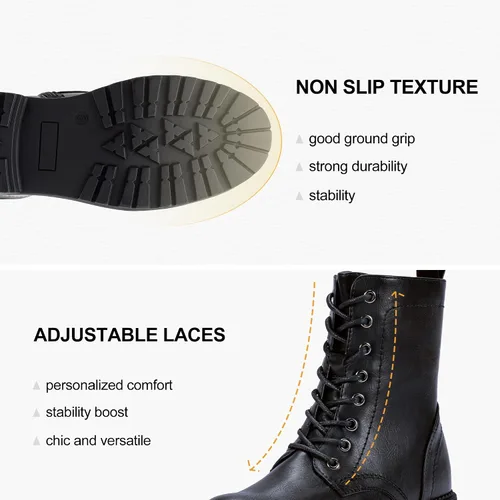 Vista 7 de Vepose Botas militares de combate para mujer, botas planas de tobillo en negro, con cremallera interior, estilo 925