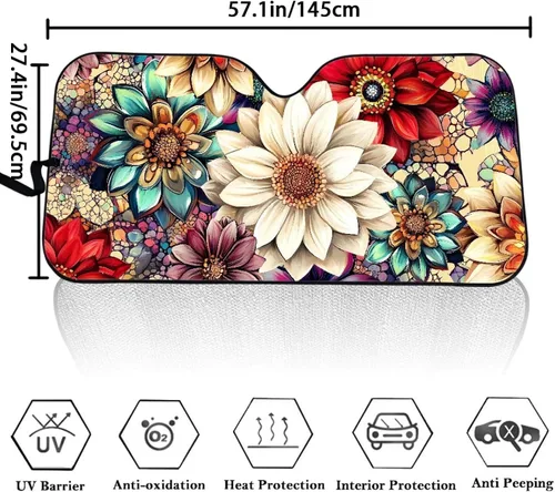 Vista 5 de HUGS IDEA Parasol plegable para parabrisas de automóvil, diseño de flores, bohemio, para la mayoría de los sedán, SUV, camión, parabrisas delantero
