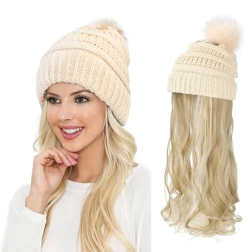 Vista 23 de AynnQueen - Gorro de invierno con extensiones de cabello desmontables para mujer.