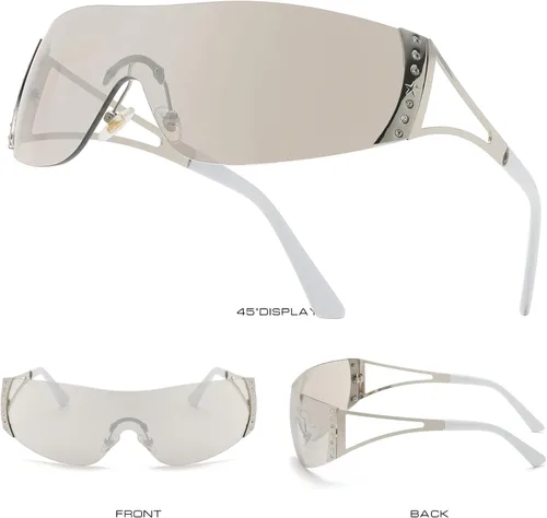 Vista 3 de Gafas de sol Y2K para mujeres y hombres, lentes de sol degradados sin montura con pierna de metal a la moda, escudo envolvente