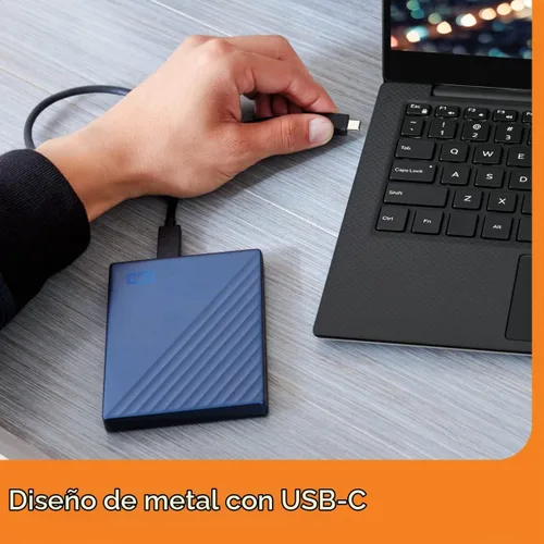 Vista 5 de WD 2TB My Passport Ultra, Azul, Disco Duro Externo Portátil, software de respaldo con defensa contra ransomware y protección por contraseña, USB-C